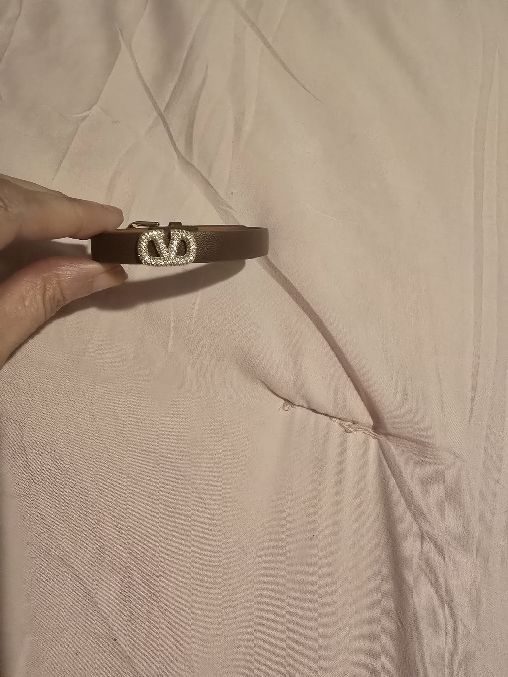 Brown Leather Bracelet with Crystal Double-Circle Accent